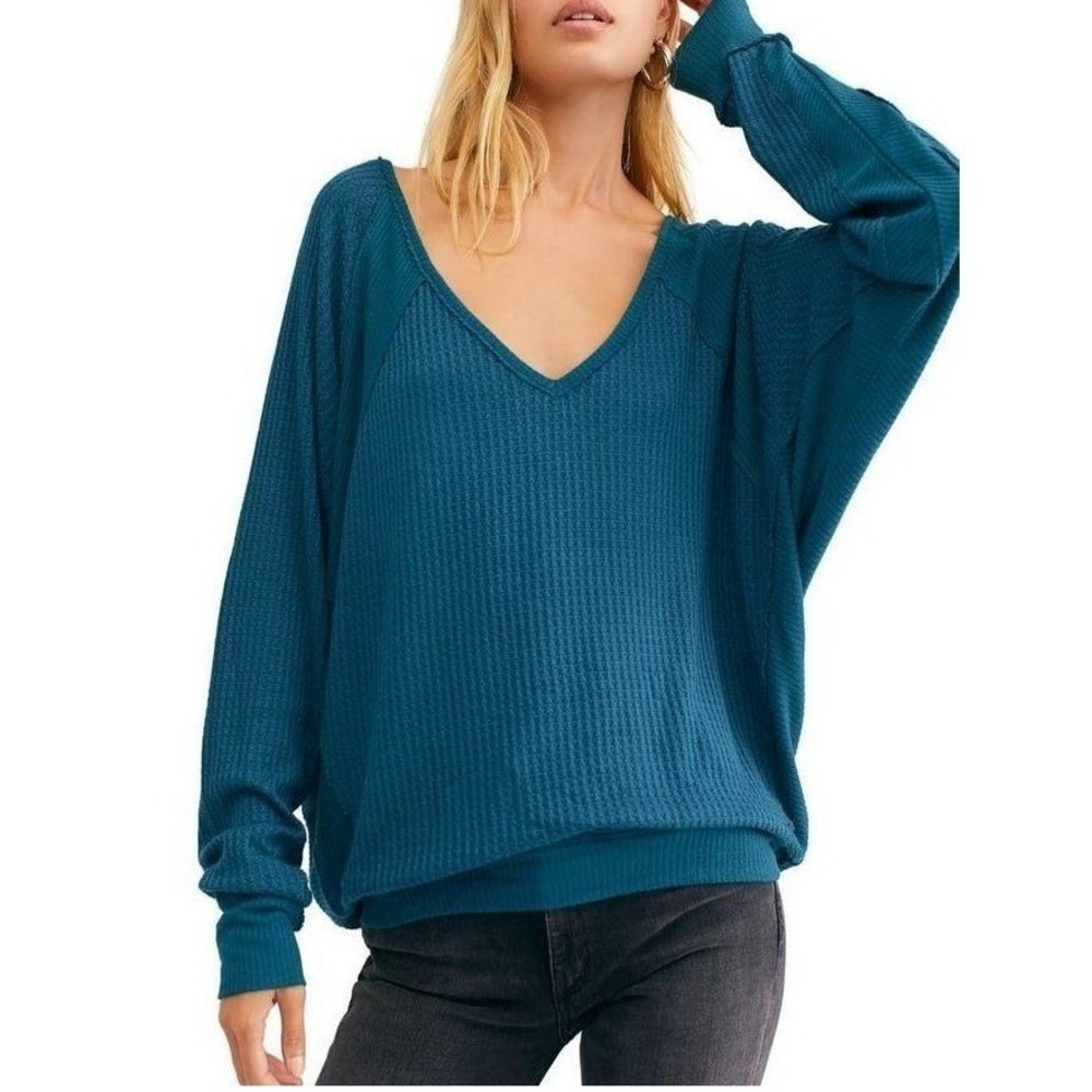 Free People We The Free Santa Clara Thermal Top XS Blue Waffle Knit Relaxed Boho